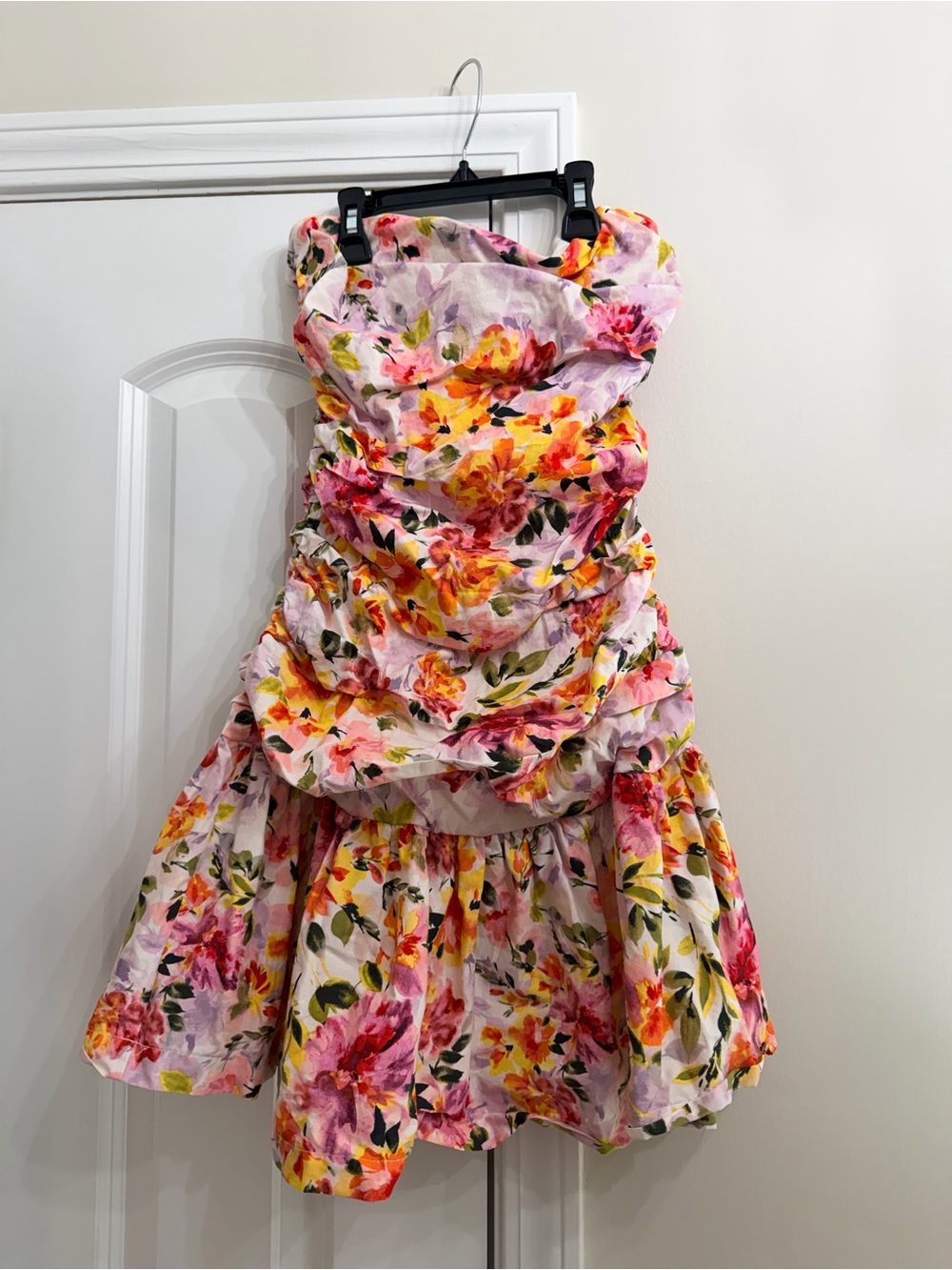 Do + Be Floral Strapless Mini Dress in Pink & Yellow